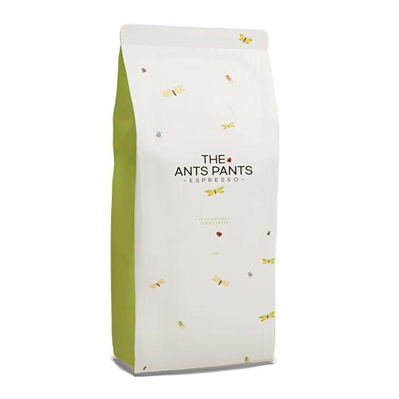 Coffee bag labeled 'The Ants Pants Espresso' with a white background